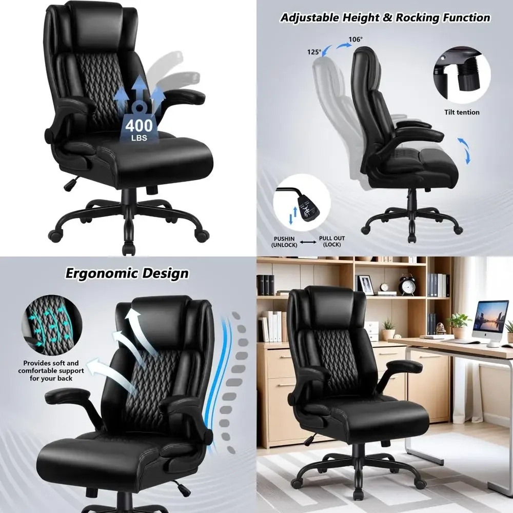 Ergonomic Heavy-Duty Leather Office Chair for Big and Tall, Black Computer Desk Chair with Flip-Up Armrests
