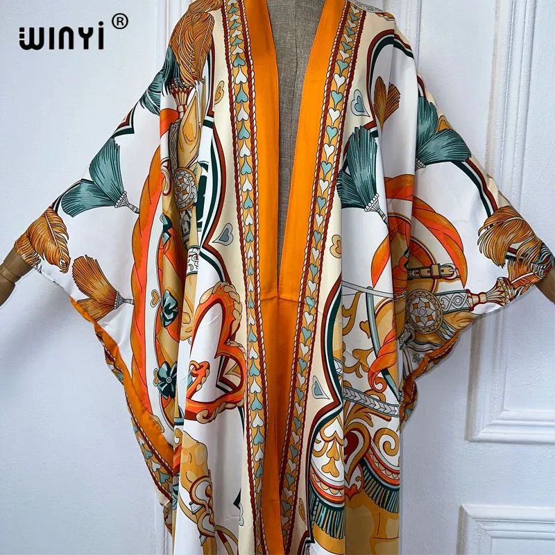 WINYI Summer fashion Beach new Geometric print Cover Up Boho Cardigan elegant Holiday Kimono beach outfits women kaftan dress