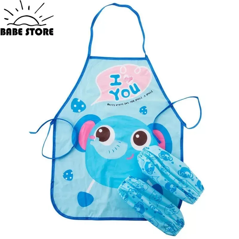 Cute Cartoon Children Apron Sleeves Chef Hat Pocket Set Kids Craft Art Kitchen Cooking Chef Suit Drink Food Baking Toys for 3-8Y