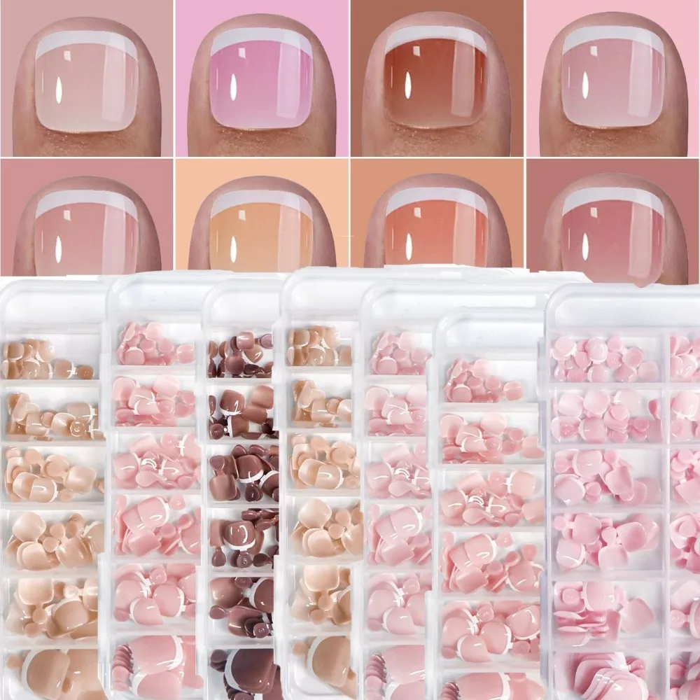 120PCS French Short Square Fake Nails Multiple Sizes Full Cover Press on Nails Wearable Detachable Finished False Fingertips