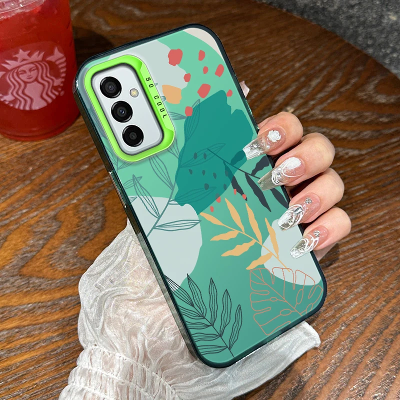 Fasion Luxury Laser Case for Samsung A02 A03 CORE A03S A05 A14 A20S A21S A22 A23 A31 A33 A53 4G 5G Cover Coque Green Leaves