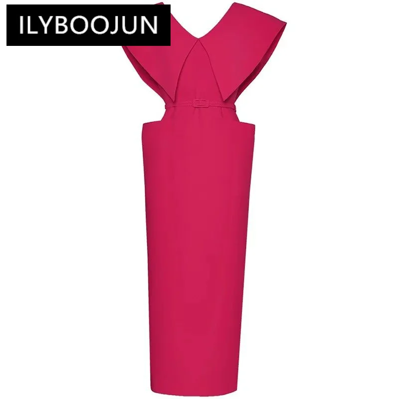 

ILYBOOJUN Fashion Women's New V-Neck Sleeveless Lace-Up High-Waisted Pocket Elegant Long Hip Wrap Pencil Split Maxi Dress