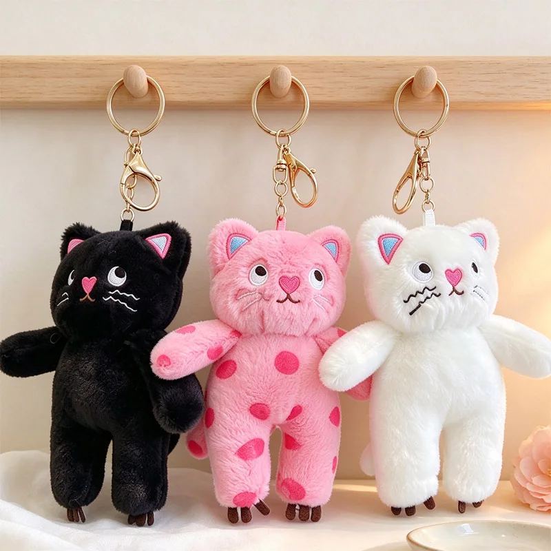 Cute Plush Cat Keychain Cartoon Dotted Kitten Plush Pendant Soft Stuffed Animal Key Ring Backpack Bag Ornament Lovely gift