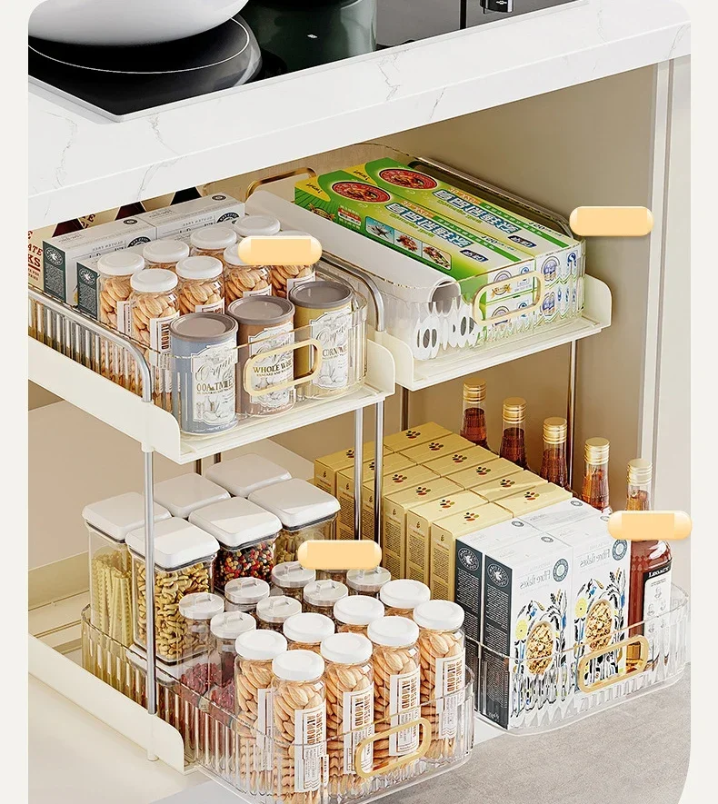 2 Tier Light Luxury Spice Rack Kitchen Storage Rack Pull Out Cabinet Seasoning Spice Jar Storage Spice Racks Kitchen Organizer