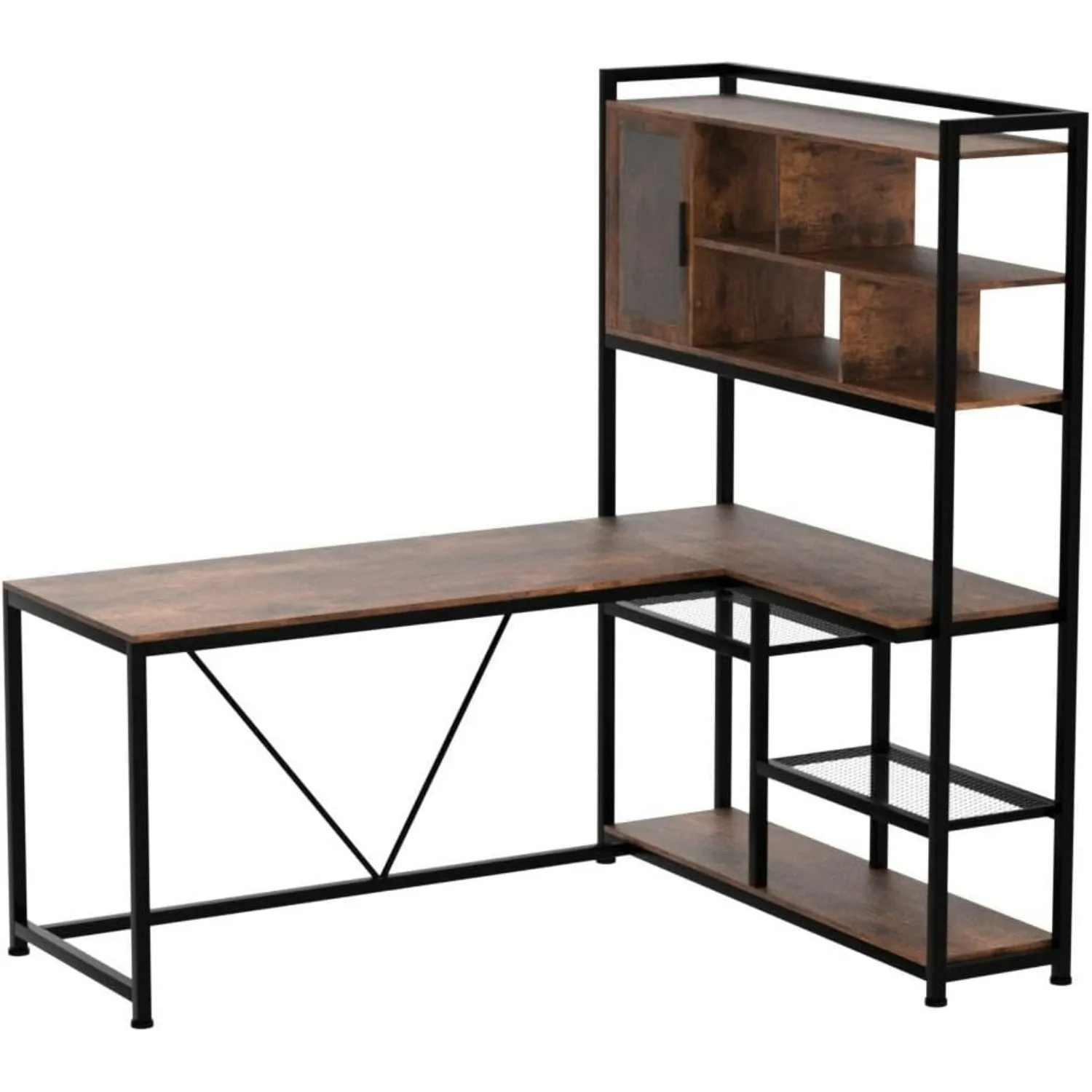 مكتب كمبيوتر على شكل حرف L، مكتب مكتب 58 بوصة مع ضوء LED ورف كتب، للمكتب المنزلي، مكتب ألعاب، مكتب L، بني ريفي #4