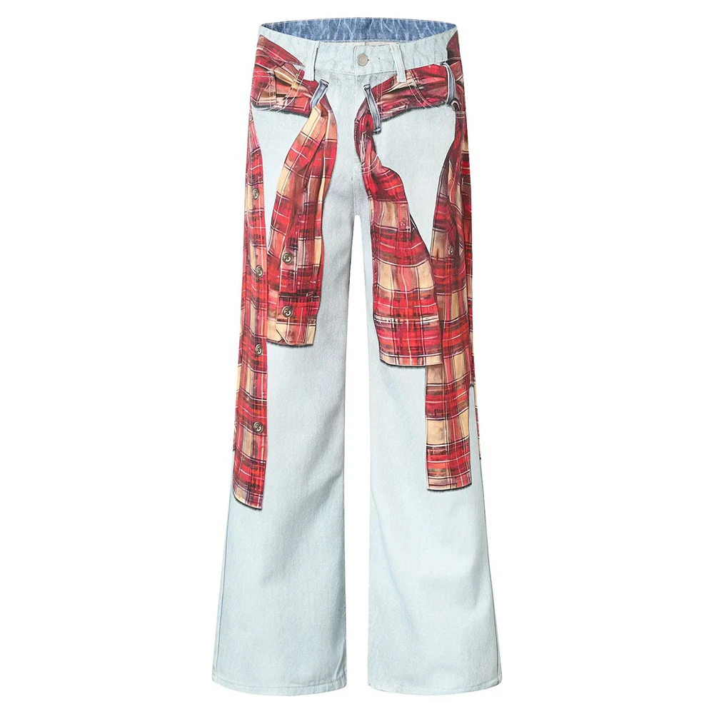 

Men Tartan Digital Print Jeans Loose Fit Wide Leg Pants Fashion Plaid Pattern Light Blue Denim Trousers