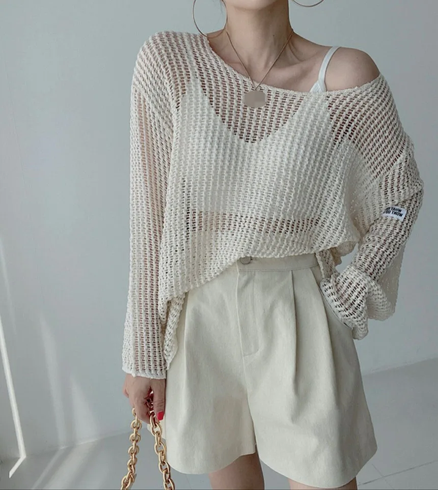 

Korean Chic Summer Simple Round Neck Pullover Loose Top Thin Hollow Perspective Sunscreen Knitwear Cover Up for Women