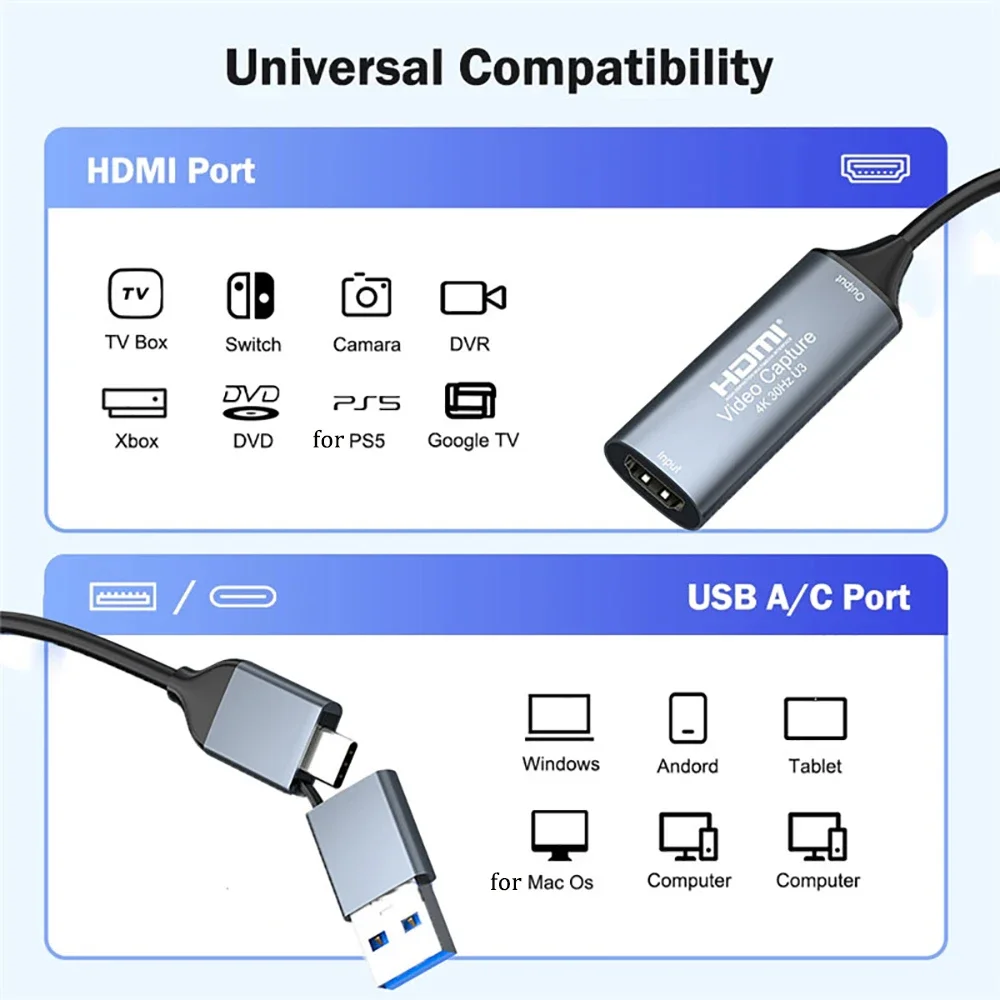 بطاقة التقاط الفيديو USB 3.0 HDMI-متوافقة مع USB/Type-c لعبة المنتزع سجل البث المباشر مسجل فيديو للتبديل Xbox PS4/5