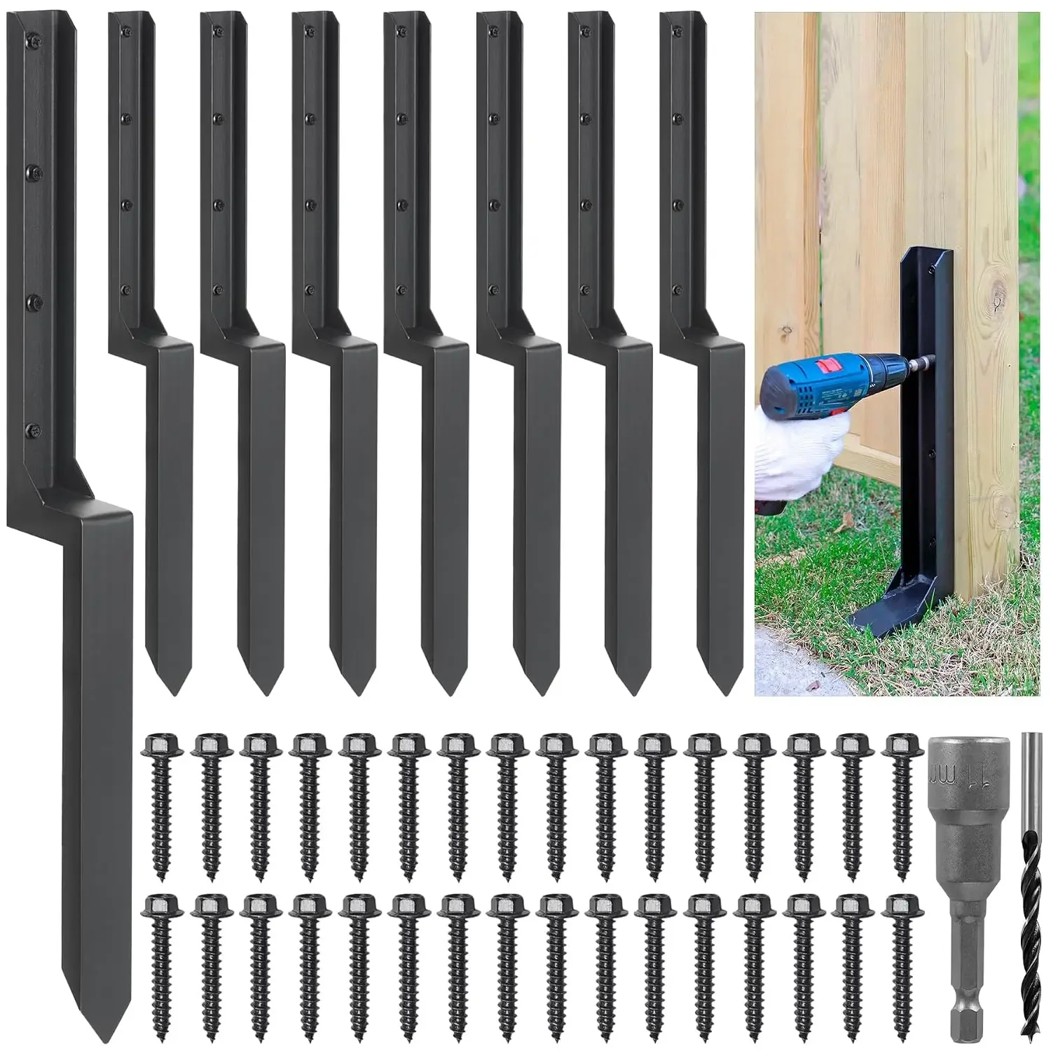 Heavy Duty Steel Fence Post Repair Stakes, Fence Post Anchor Ground Spike, for Repair Tilted/Broken Wood (8 Pack/Black
