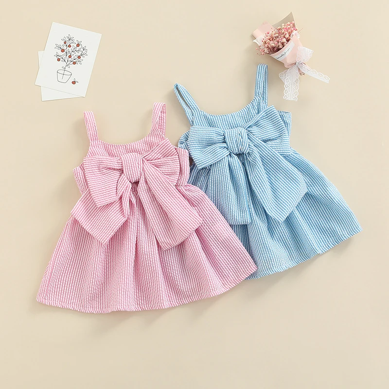 New Baby Girls Sleeveless Dress Front Bowknot Stripe Sling Summer Romper Princess Casual Jumpsuit 3 Months-3 Years