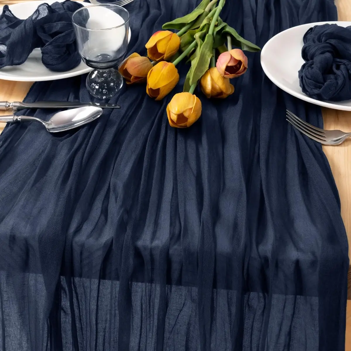 1PC Navy Blue Cheesecloth Table Runner Boho Rustic Tablecloth for Wedding Baby Shower Birthday Party Outdoor Picnic Decor