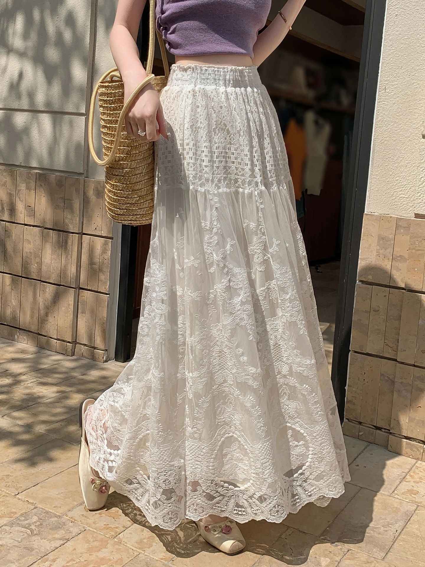 

Новая китайская юбка-трапеция с вышивкой и кружевом, женская, весна-лето, с завышенной талией, расклешенная, с эффектом драпировки