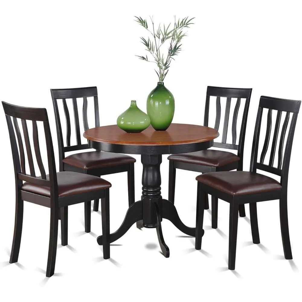 Antique 5 Piece Dining Set for 4 Includes a Round Kitchen Table with Pedestal and 4 Faux Leather Upholstered Dinette Chairs