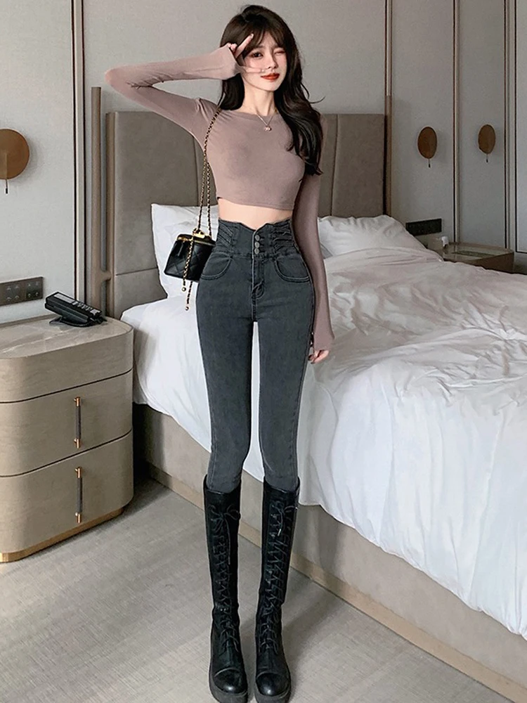 

High Waist Fleece Lined Skinny Jeans Women's Autumn Winter Stretch Elastic Slimming Pencil Pants Thick Denim Retro Style