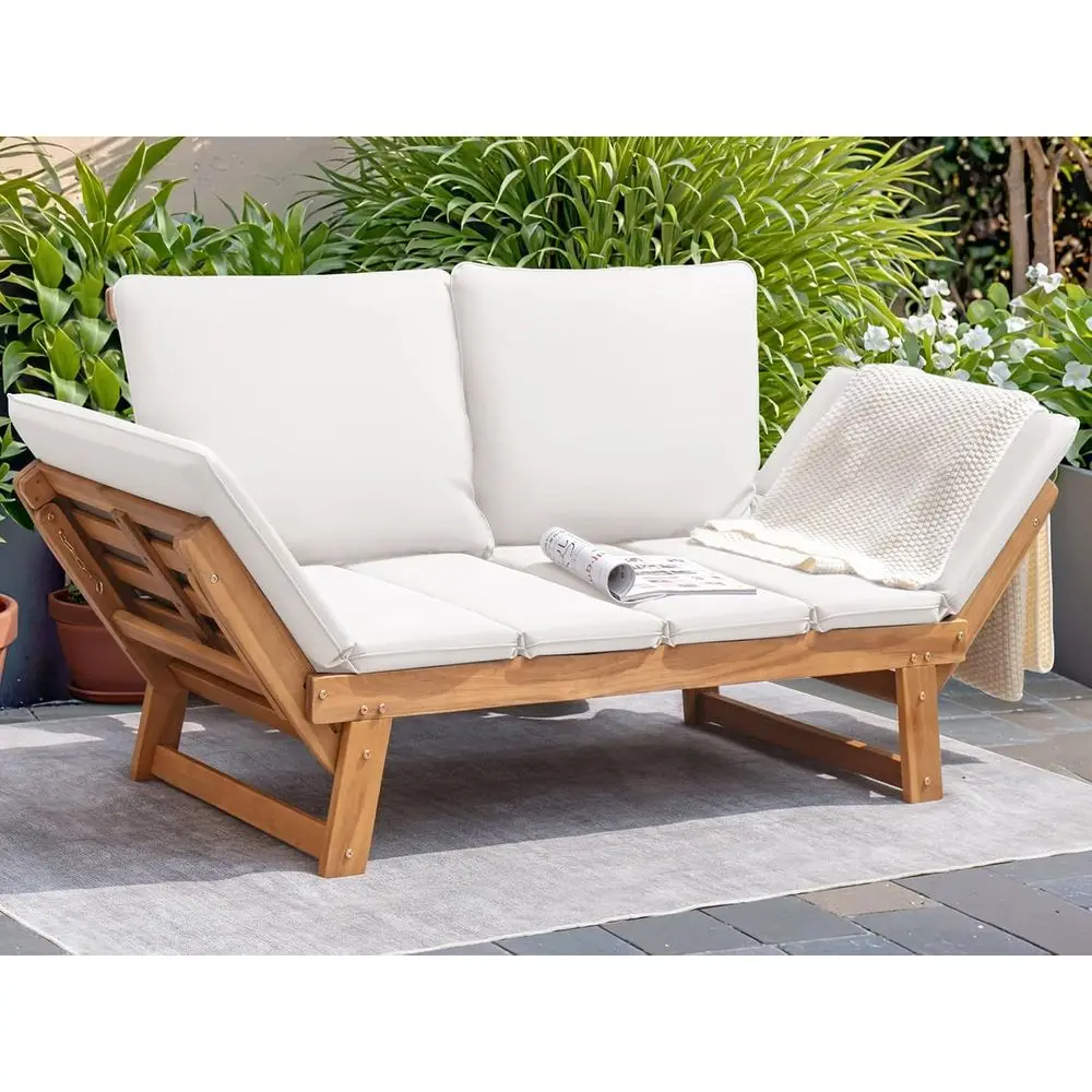 Outdoor Couch Acacia Wood Patio Couch with Adjustable Armrests, Outdoor Convertible Soa with Removable Cushions & Pillows or Pat