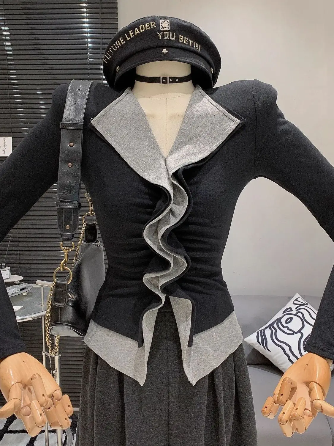 

Korean Sle Retro Color Blo Fce Lined Long Sve Women's T-irt Fake Two-Piece Slimming Pleated Base irt