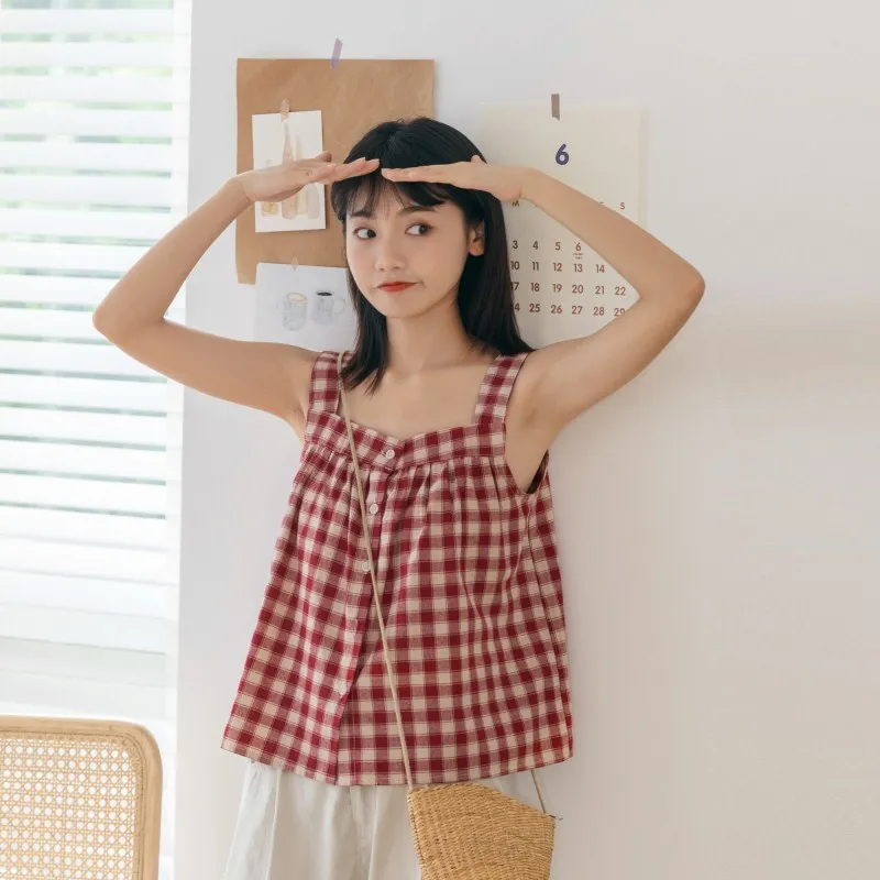 Mori Girl Style Retro Sweet Cotton Linen Plaid Tank Top Women 2024 Summer Loose Casual Single-breasted Shirt Sleeveless Blouse