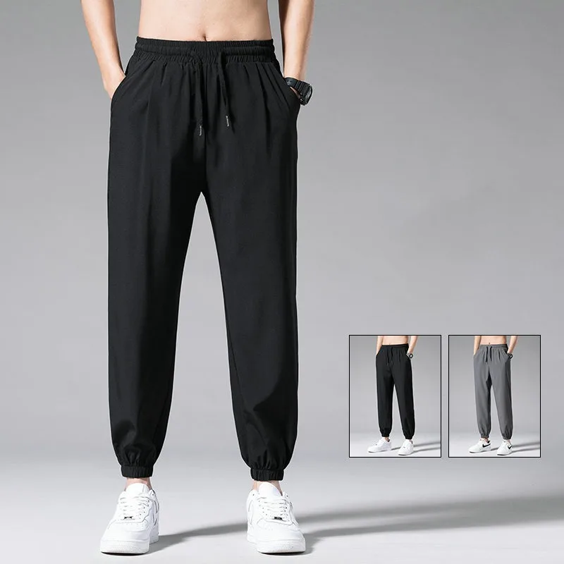 Trend New Summer Solid Men's Wear Elastic Wait Drawstring Pockets Ice Silk Fabric Casual Loose Bound Feet Ankle Length Pants