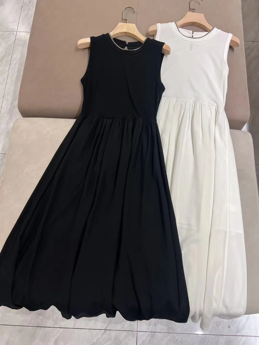 Robe perlée noire ou blanche pour femme, col rond, robe maxi élégante, automne 2024