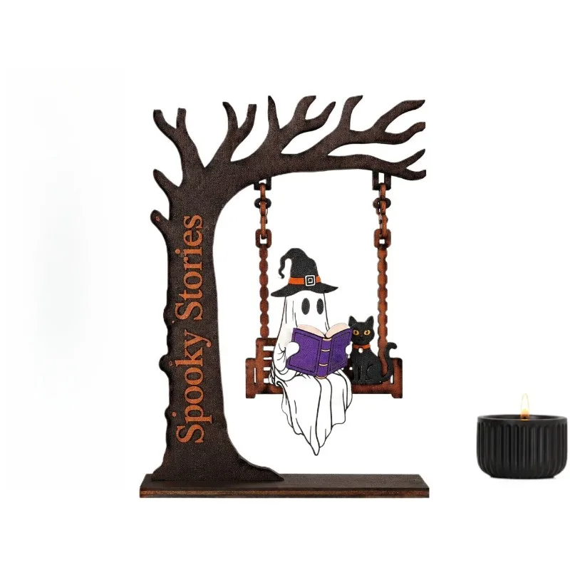 Wooden Ghost Swing Decor Creative Book Corner Ornament Halloween Desktop Atmosphere Decoration for Home Shelf