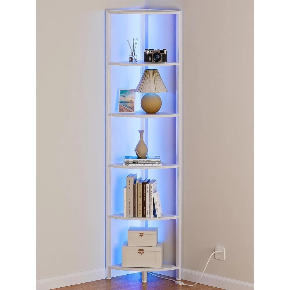 

6-story Corner Shelf with LED Lights, 67.5-inch High Vertical Shelf Storage Rack, White Narrow Bookshelf with Storage Rack