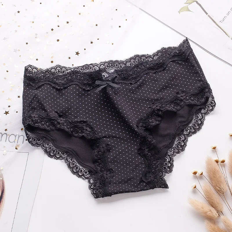 Bragas de malla de lunares para niñas, ropa interior cómoda con borde de encaje para mujeres, bragas sexis de cintura baja, bragas de sensación desnuda para mujer