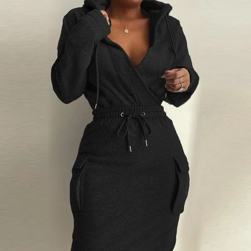 Women Solid Color Hooded V-neck Top Drawstring Tight Long Skirt Suit