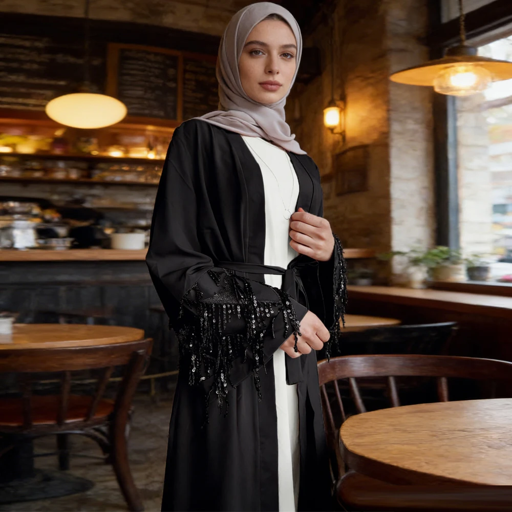 

Elegant Sequin Abaya Dubai Kaftan Muslim Women Kimono Cardigan Islam Dress Kebaya Caftan Marocain Femme Robe Ramadan Jalabiya