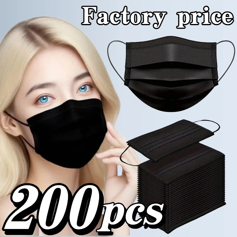 200Pcs Thick Black Disposable Protective Masks - 3-Layer Breathable and Comfortable, Adjustable Ear Loops and Snugly Fitting Nose Pads - 200/100/50/10 Pieces Cheap for Home Use, Can Be Purchased in Bulk, Perfect for Ou