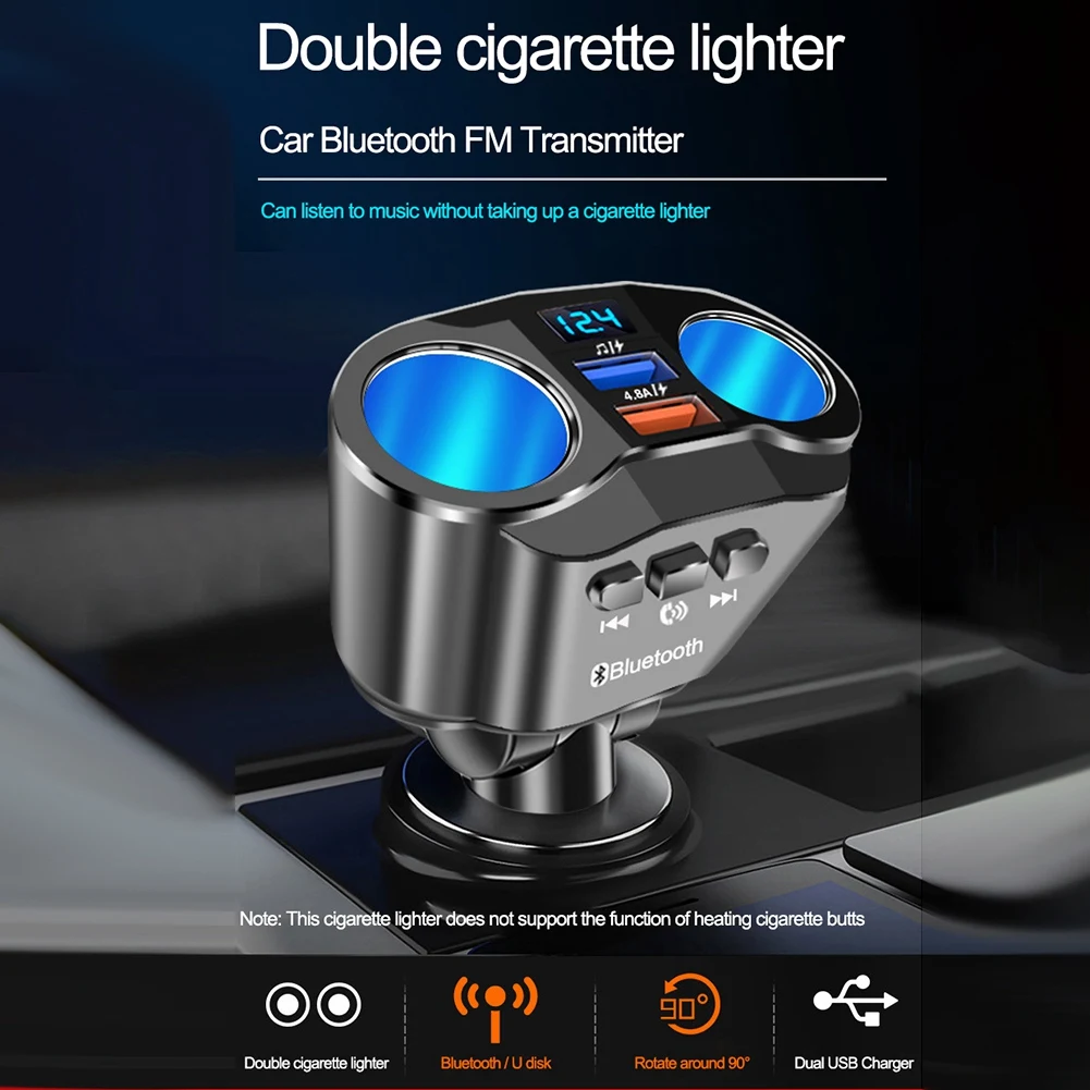 Dual USB Port Car Charger 2 Way Auto Car Lighter Socket Splitter DC12-24V 4.8A Bluetooth 5.0 MP3 Player With Handsfree