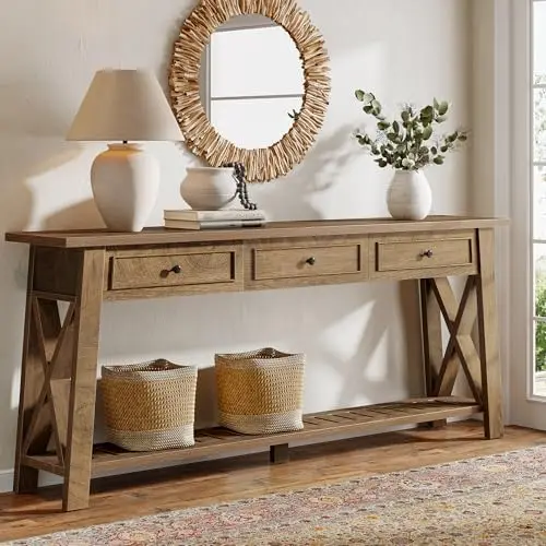 Console Table with 3 Storage Drawers, 70.87 Inches Extra Long Sofa Table Behind Couch with Bottom Shelf, Farmhouse