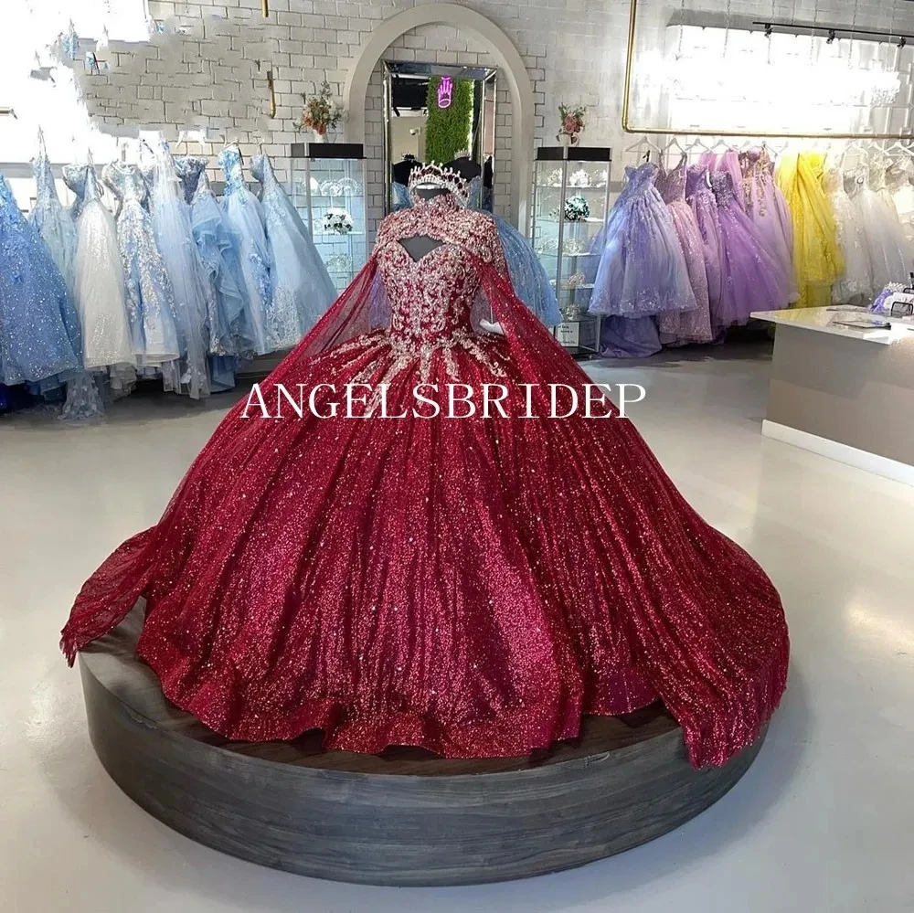 Angelsbridep borgonha vestidos quinceanera com capa vestido de baile apliques festa de aniversário princesa doce 16 vestido personalizado