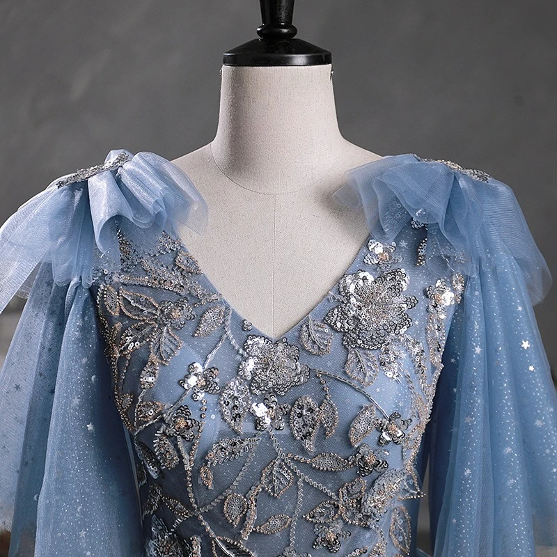 Sukienka wieczorowa damska szaro-niebieska z brokatem, luksusowa, modna, z siateczki, na występy, spotkania roczne, dla prowadzącej, 2025