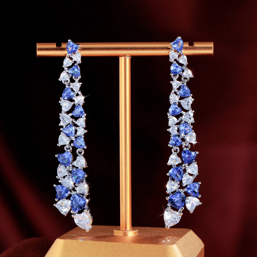 ThreeGraces Elegant Shiny Synthetic Tanzanite Long Heart Bridal Wedding Earrings for Women Luxury Evening Party Jewelry E1988
