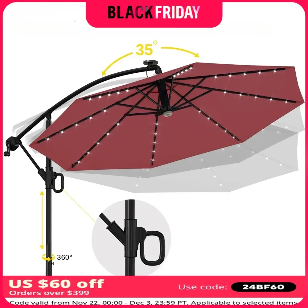 Umbrella, 10 Ft Outdoor Offset Umbrella 40 LED Solar Lights and Crank, Aluminum Pole and UPF 50+ Fade Patio Umbrellas