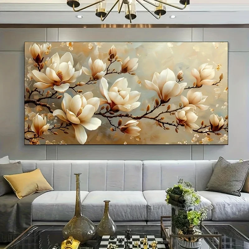 Large Magnolia Flowers,Elegant White & Golden Floral Diy Diamond Painting Full Diamond Art Mosaic Embroidery Home Decor Orchid