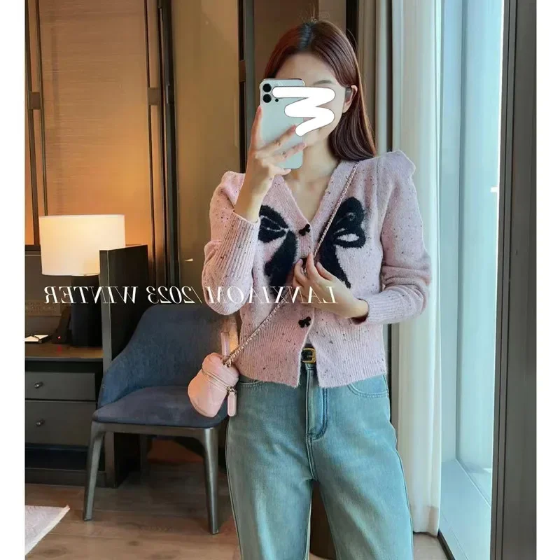 Black Red Pink Sweet Bow Knitted Cardigan Women New Fall Fashion V-neck Short Sweater Knitwear Long Sleeve Bottoming Top Coat