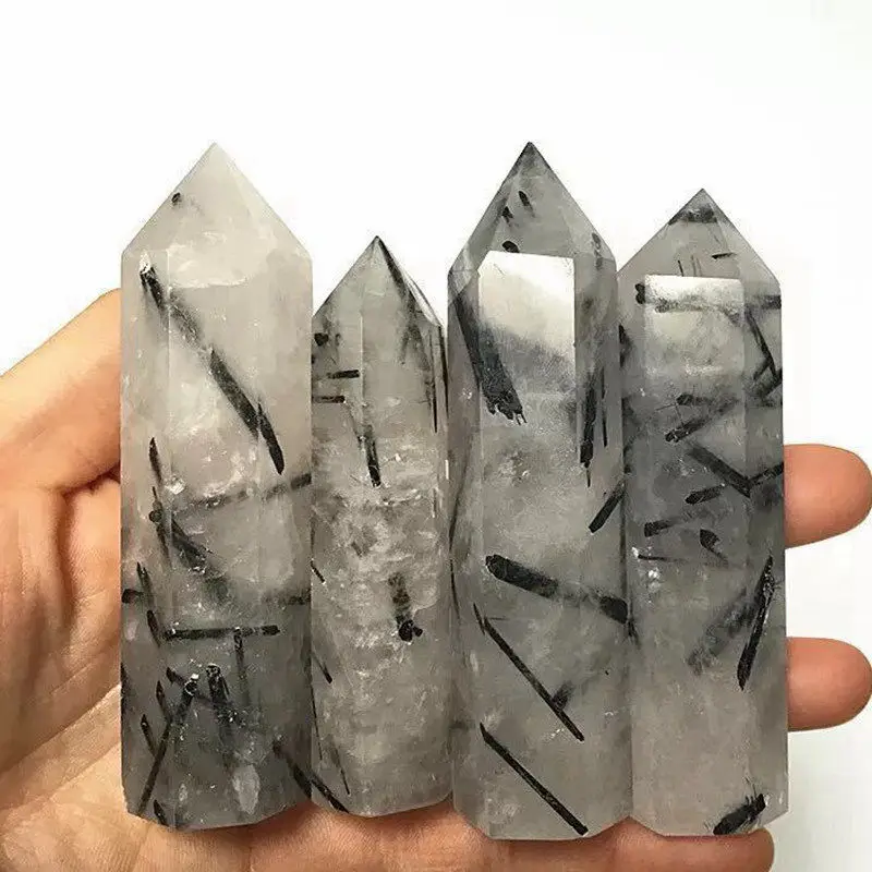 60-70mm Natural Black Tourmaline Quartz Rutilated Crystal Point Wand Hexagonal Obelisk Column Healing Treatment Stone Rock Craft