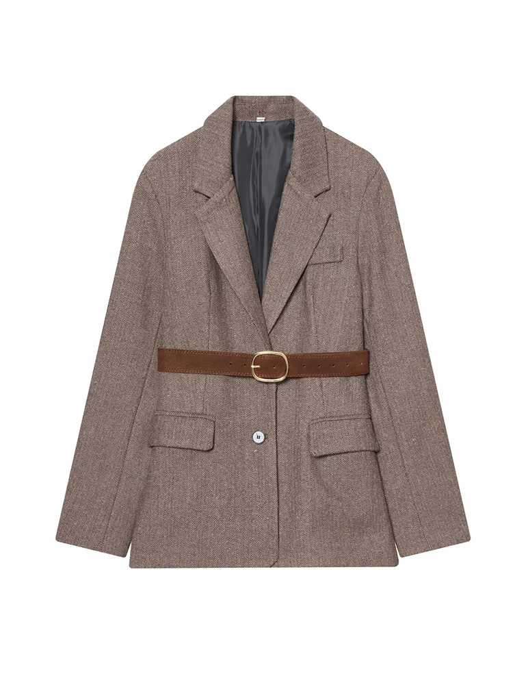 Chaqueta Vintage para mujer, otoño e invierno, nuevo temperamento, chaqueta femenina, moda, cuello vuelto, bolsillo, cinturón, traje, abrigos