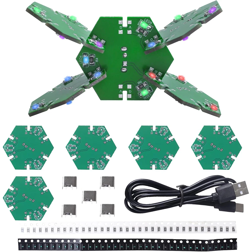 DIY Electronic Project Kit 5 Pcs Splicable Triangle Hexagon Creative PCB with Flash LEDs DIY SMD Soldering Practice Kit for STEM