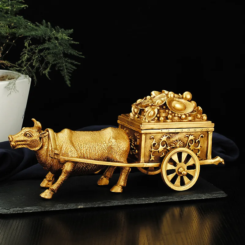 

Bronze Bull Cart Brass Zodiac Ox Water Buffalo Golden Ox Pulling Yuanbao Home Decor Ornament Sales Gift