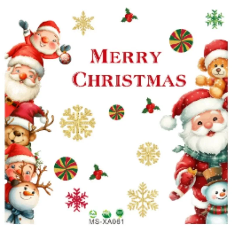 Christmas Cartoon Static Window Glass Sticker with Elderly Bear Snowman New Year Gingerbread Man Congratulations Wall Posters