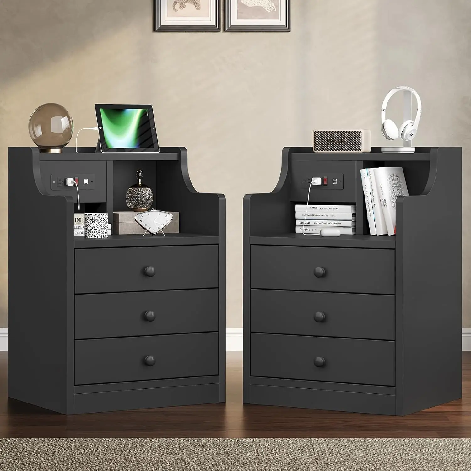 Nightstand Set 2, Black  with  Charging Station, Night Stands with  for Bedrooms Set of 2, Modern Bedside