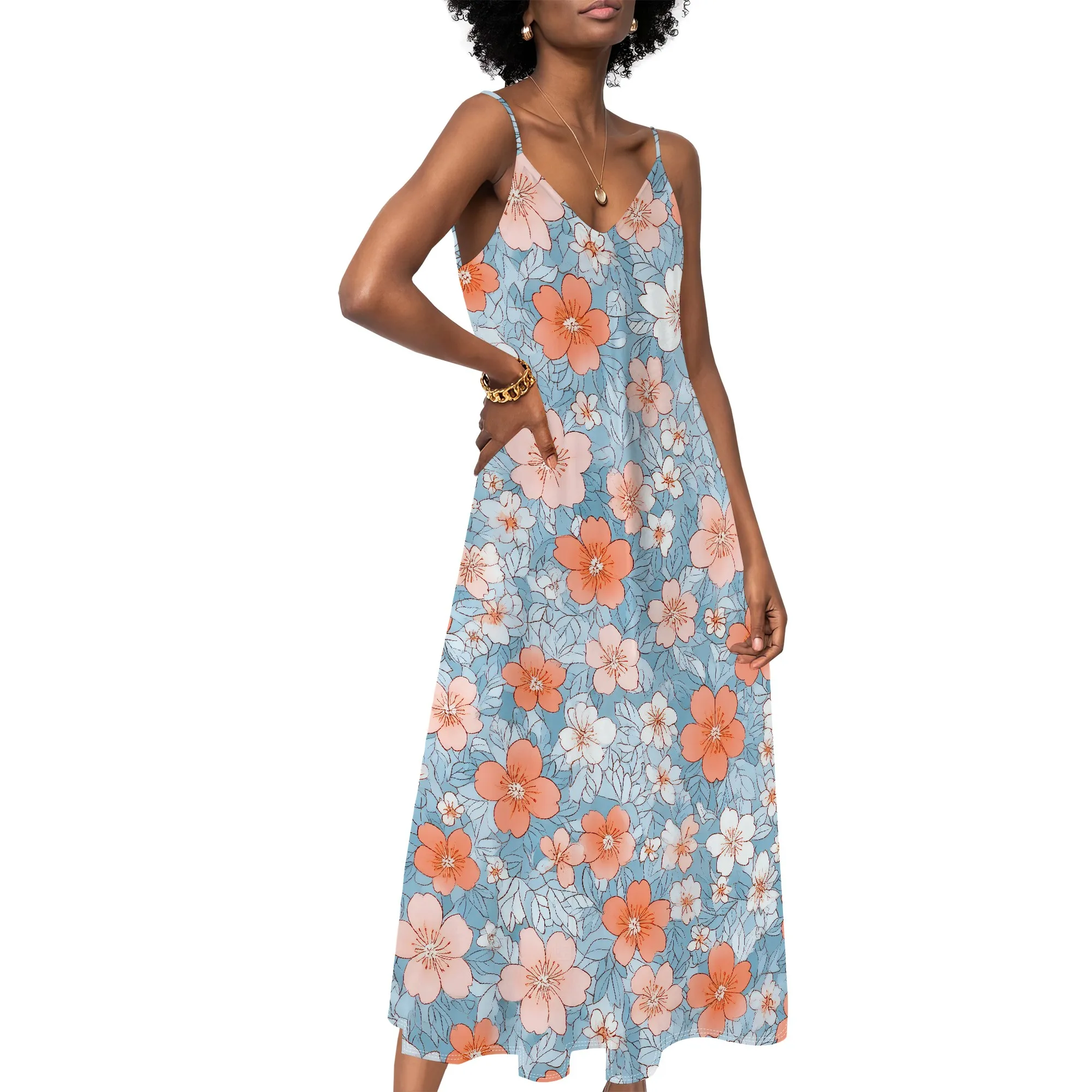 

Elegant Dress Retro Pattern Print Women's Casual Sleeveless V Neck Floral Print Maxi Dress