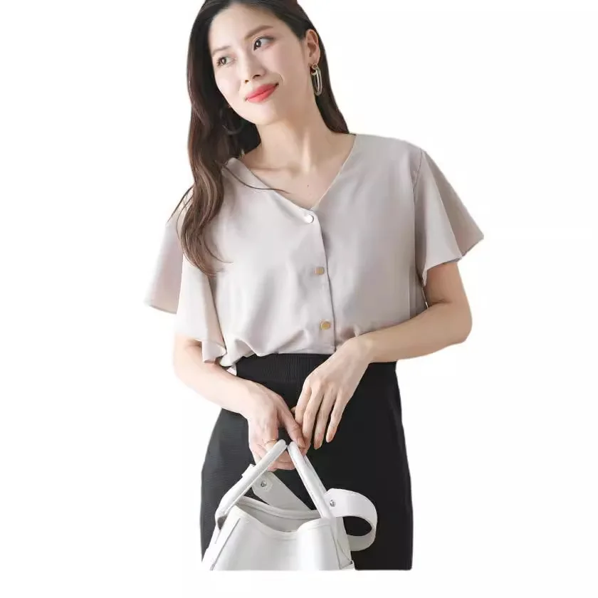 2025 Japanese Style Minimalist Blouse, Solid Color Short Sleeve Top with Flutter Trim for Women