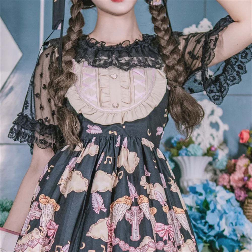 Sommer Mädchen Schwarz Weiß Spitze Garn Rundhals Große Größe 4xl Lolita Top Plump Frau Ultra-dünne Trompete Hülse cosplay Lolita Op