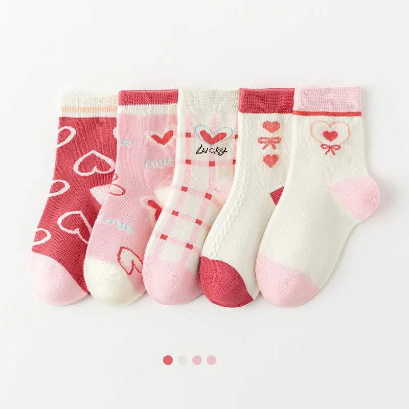 5 Pairs/Lot Kids Soft Cotton Socks Korean Love Heart Flower Print Baby Girl Socks Autumn Winter Warm Children Middle Tube Socks