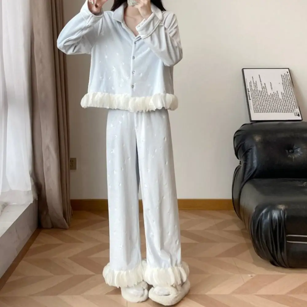 Conjunto de pijamas de manga larga con lazo de felpa, pijamas de terciopelo con volantes para invierno, traje informal de manga larga, ropa de dormir gruesa y cálida para Otoño e Invierno