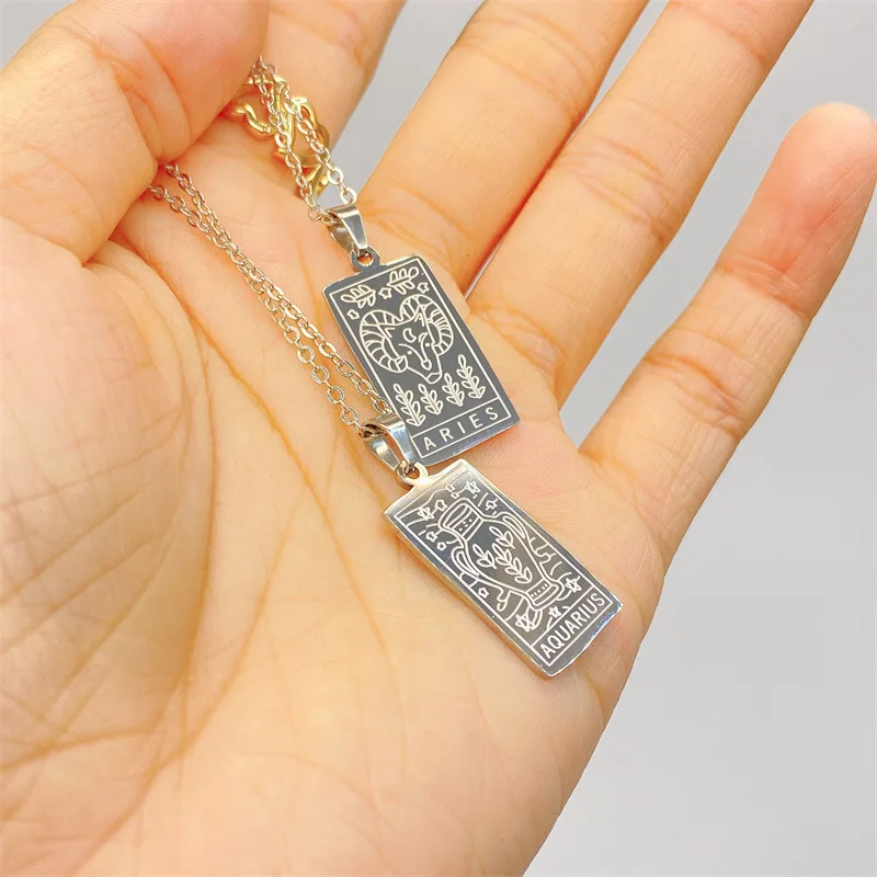 Engraved 12 Constellations Square Pendant Necklaces for Women Silver Color Horoscope Clavicle Chain Choker Necklace Birhday Gift