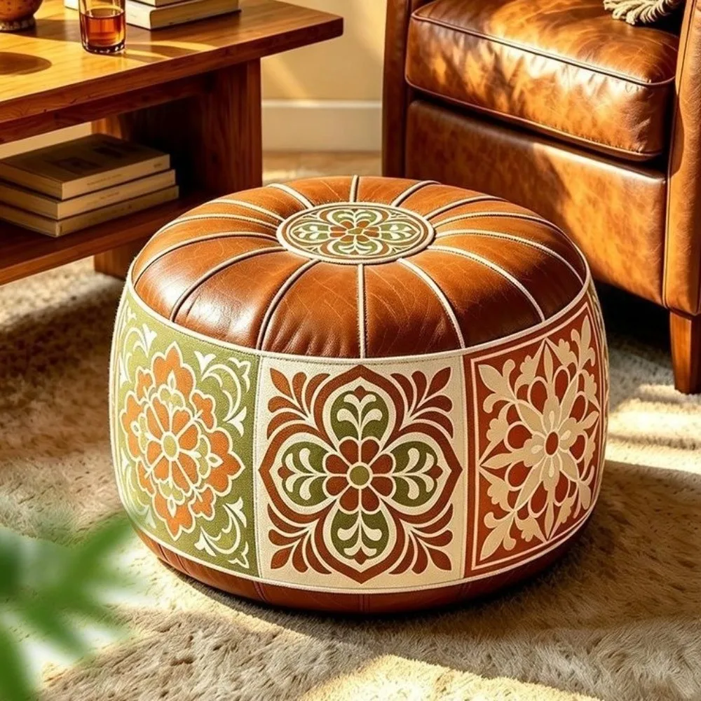 Boho Style Sofa Stool Cover Unstuffed PU Leather Round Footstool Cover Waterproof Large Capacity Clothes Storage Bag Leisure
